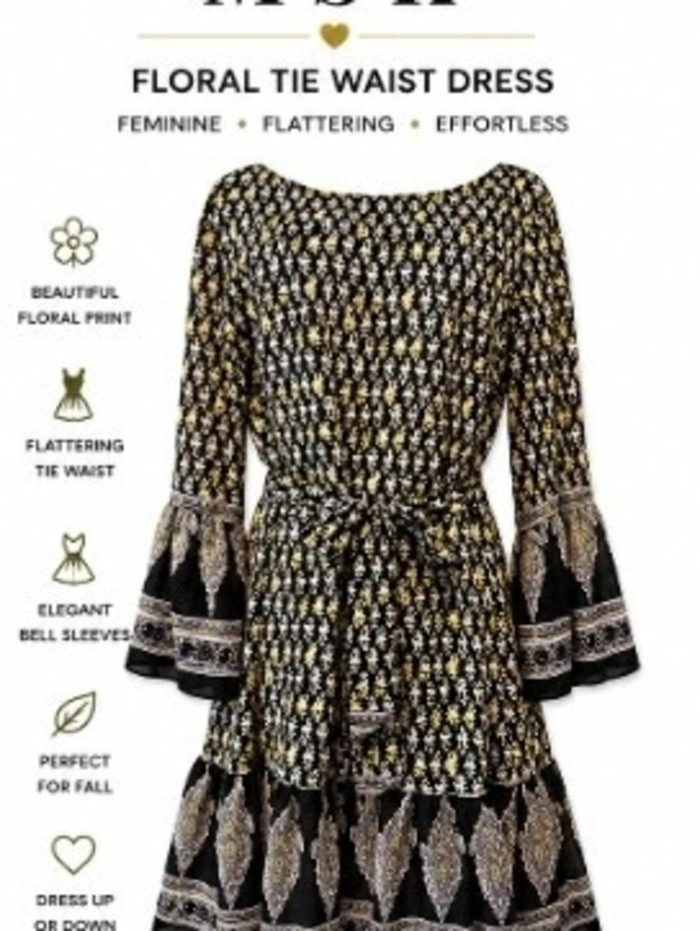 MSK Black Dress with Gold & Cream Floral Print